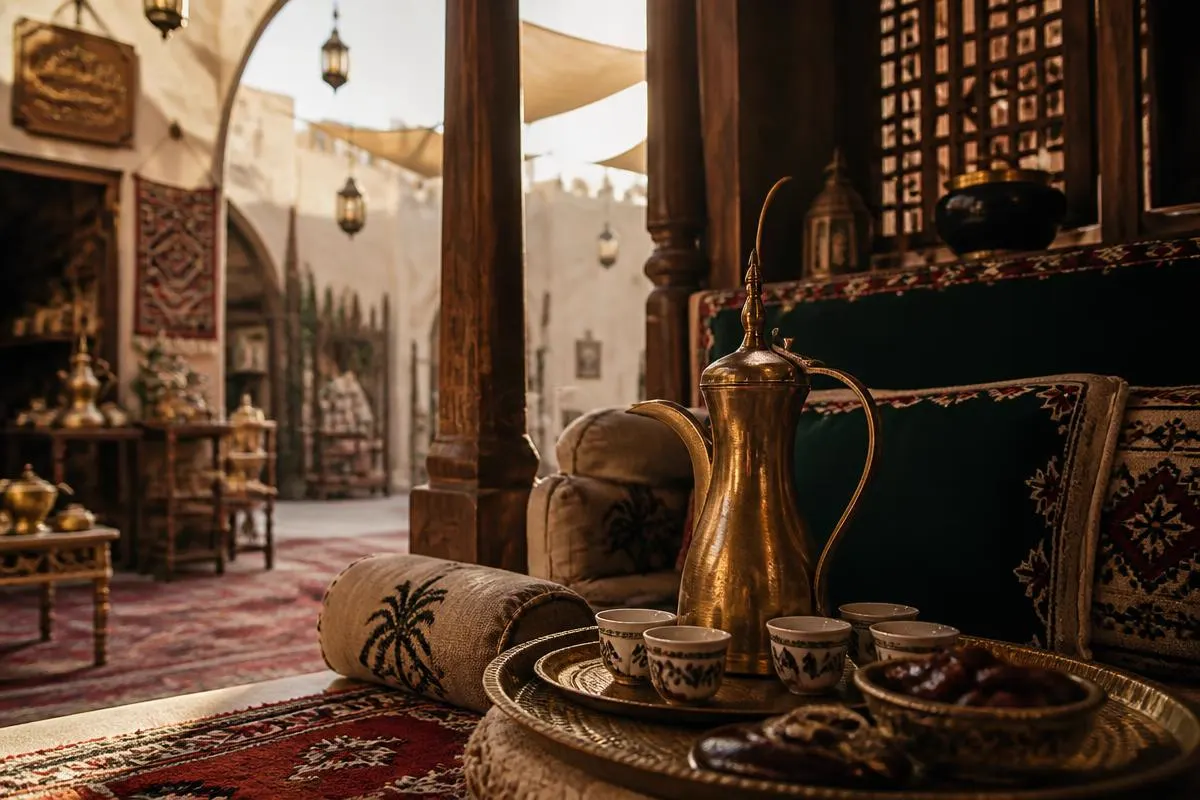 Traditional Gulf majlis with Arabic coffee pot, cups and dates in warm evening light