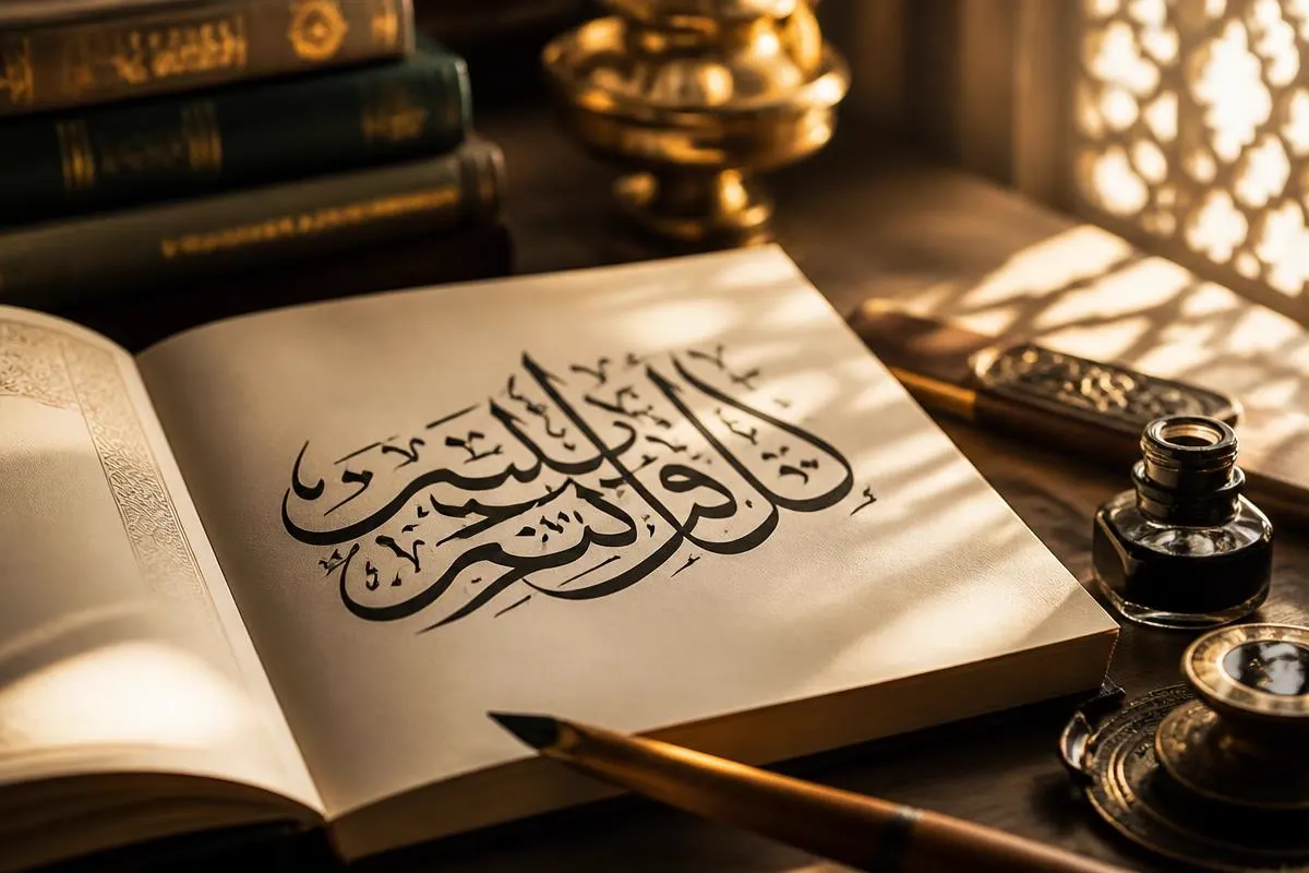 Arabic calligraphy written on an open book next to a reed pen and inkwell