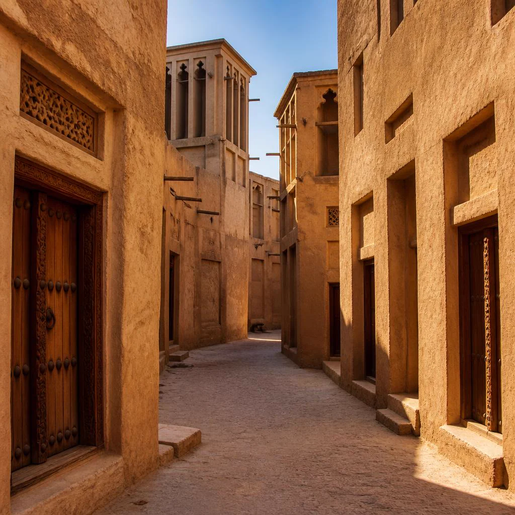 Traditional Arabian architecture with old sandstone houses, carved wooden doors, and wind towers in a historic district