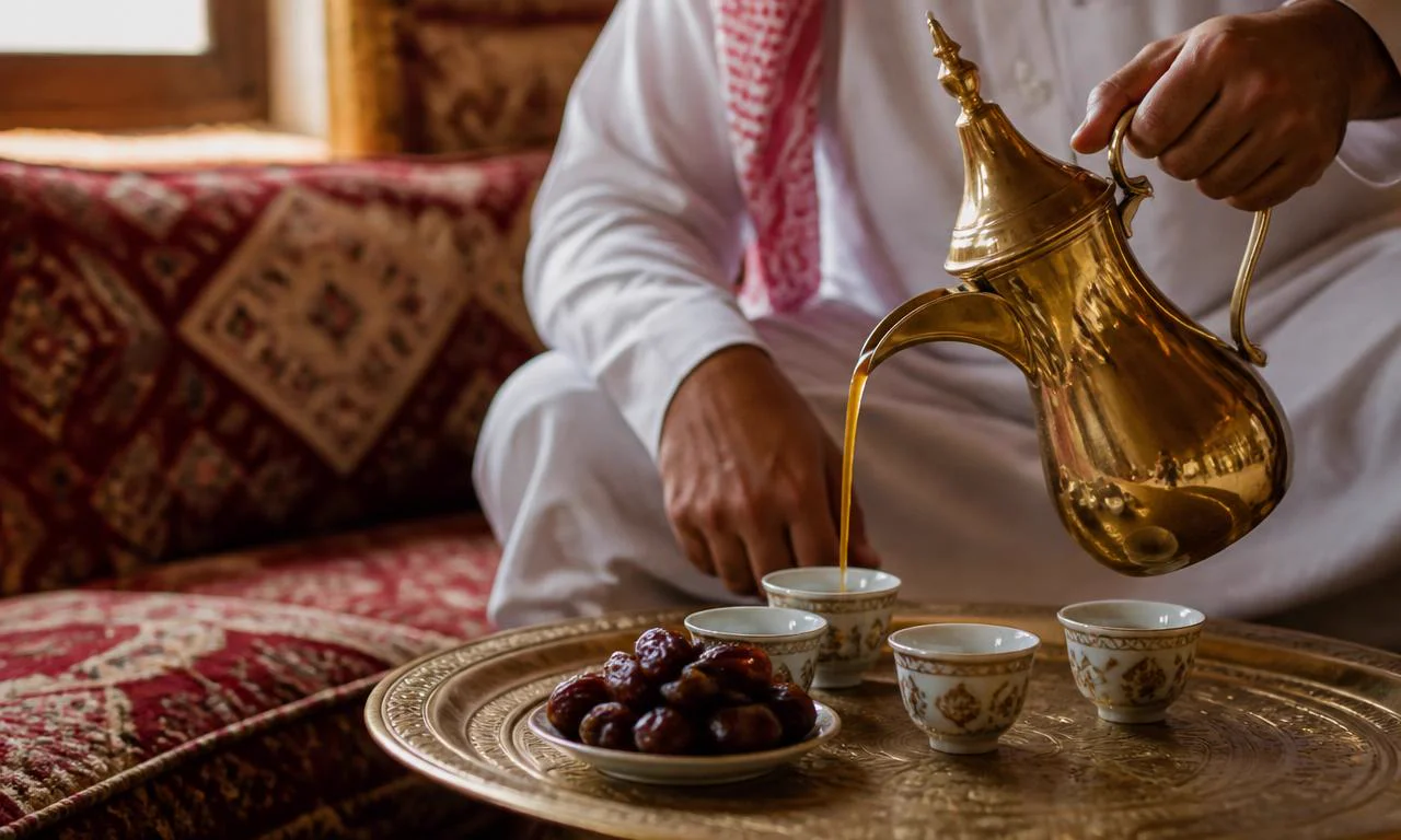 Arabic hospitality scene with a brass dallah coffee pot pouring gahwa into small cups beside fresh dates
